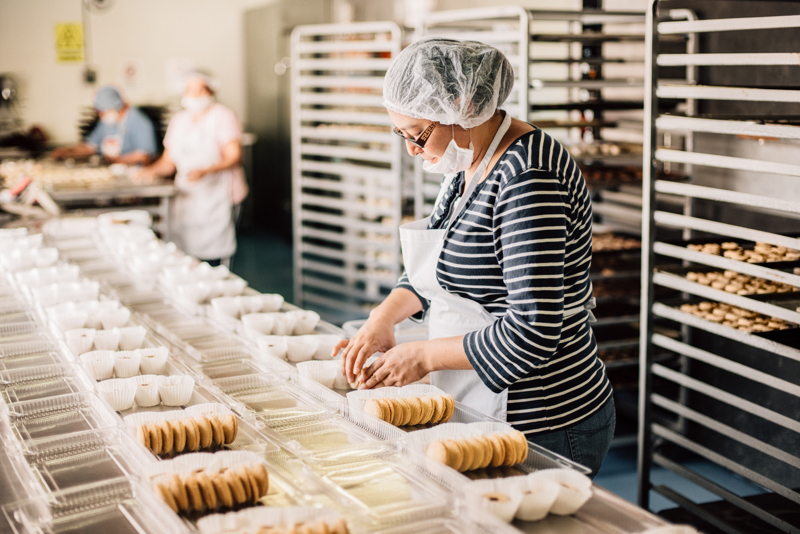 Packing biscuits in a factory