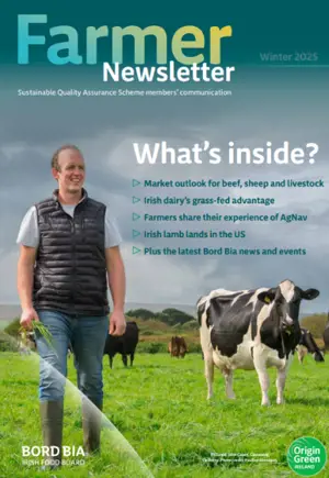 The cover of the Winter Farmer Newsletter Featuring a farmer walking with cows in field