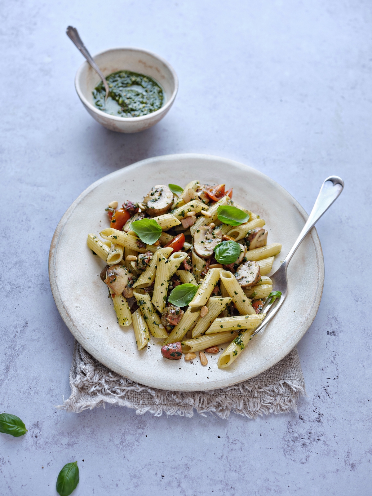 Bacon, Mushroom and Pesto Pasta