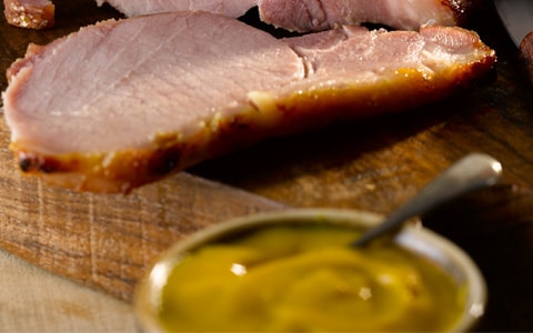 Glazed Loin of Bacon with Pea and Potato Mash