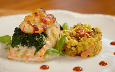 Neven's Gratin of Salmon with Prawns, Spinach and Pesto