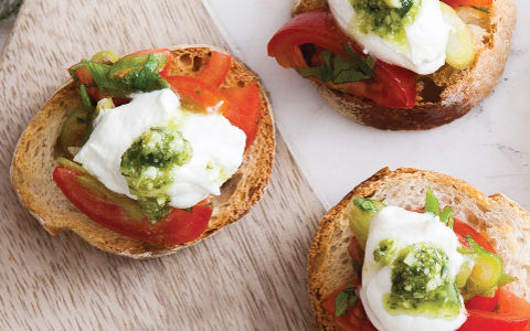Organic Tomato, Pesto and Goats' Cheese Crostini