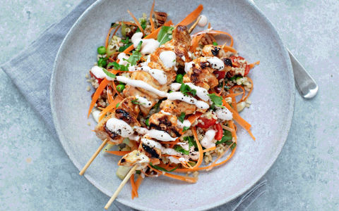 Sriracha Chicken Kebabs with a Crunchy Salad
