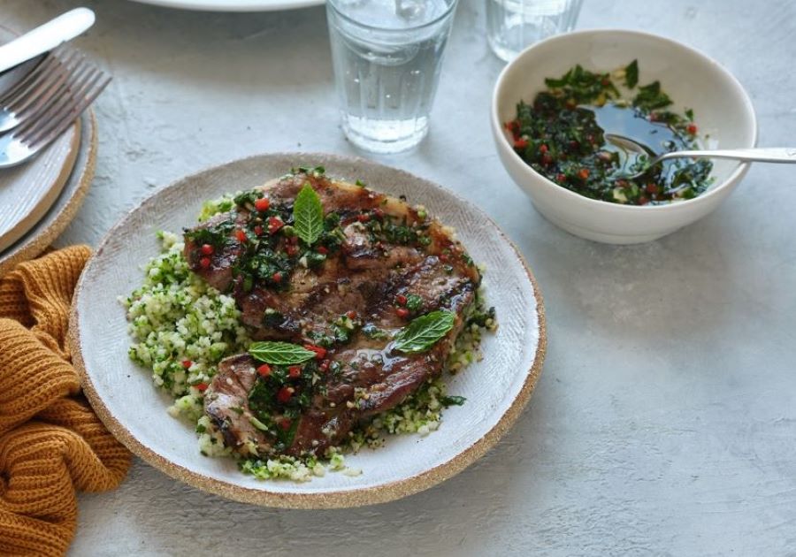 Lamb with Mint Chimichurri and Broccoli Couscous