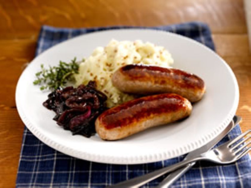 Sausages with Caramelised Onions and Whole-grain Mustard Mash