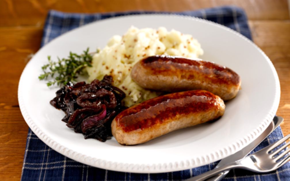 Sausages with Caramelised Onions and Wholegrain Mustard Mash