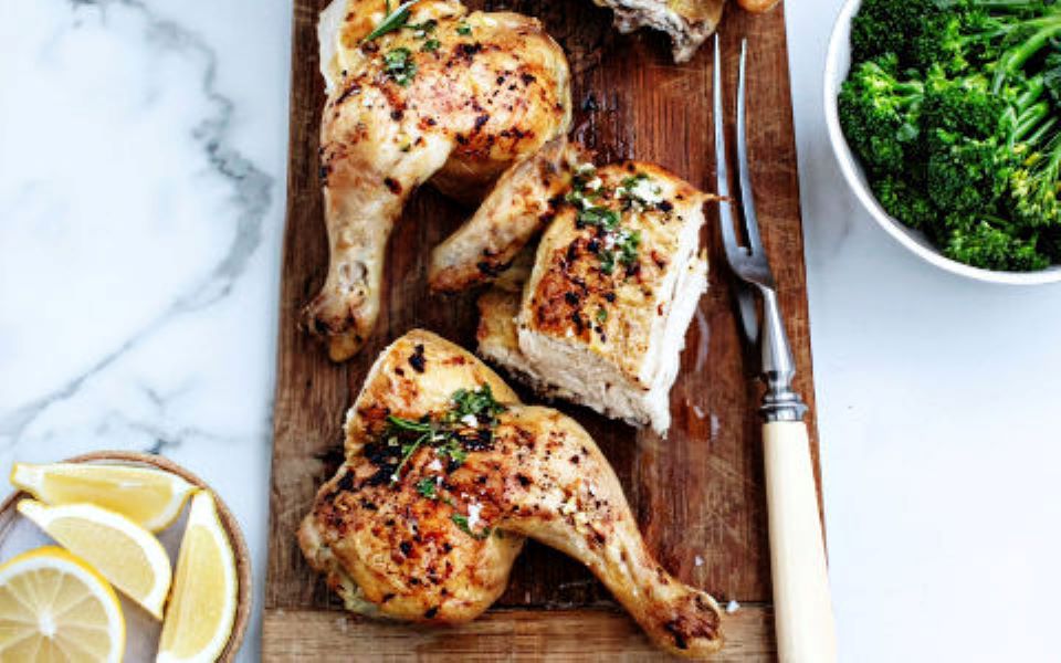 Spatchcock Chicken with Crispy Sliced Potatoes and Herby Oil Dressing