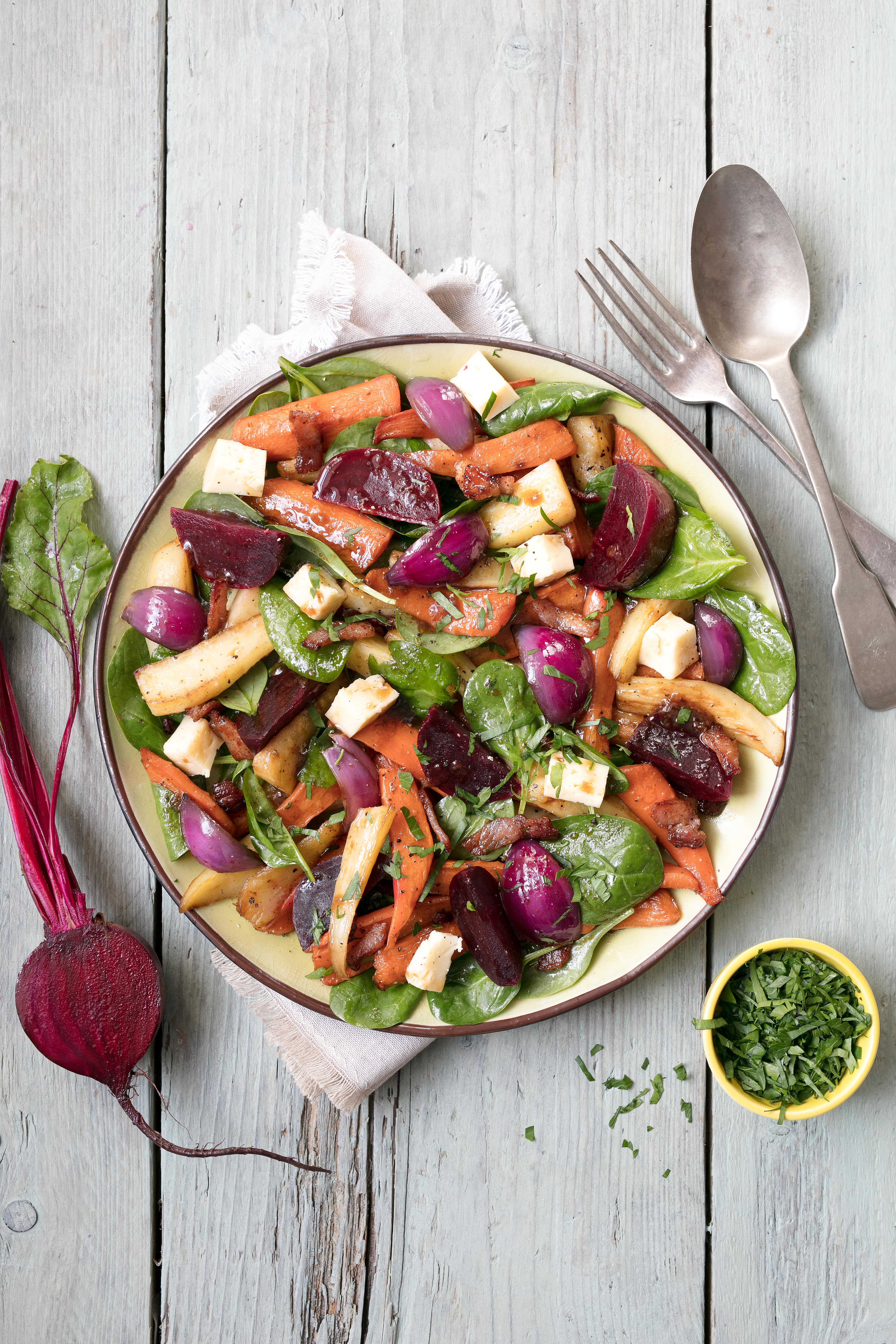 Warm Roasted Carrot, Parsnip and Beetroot Salad