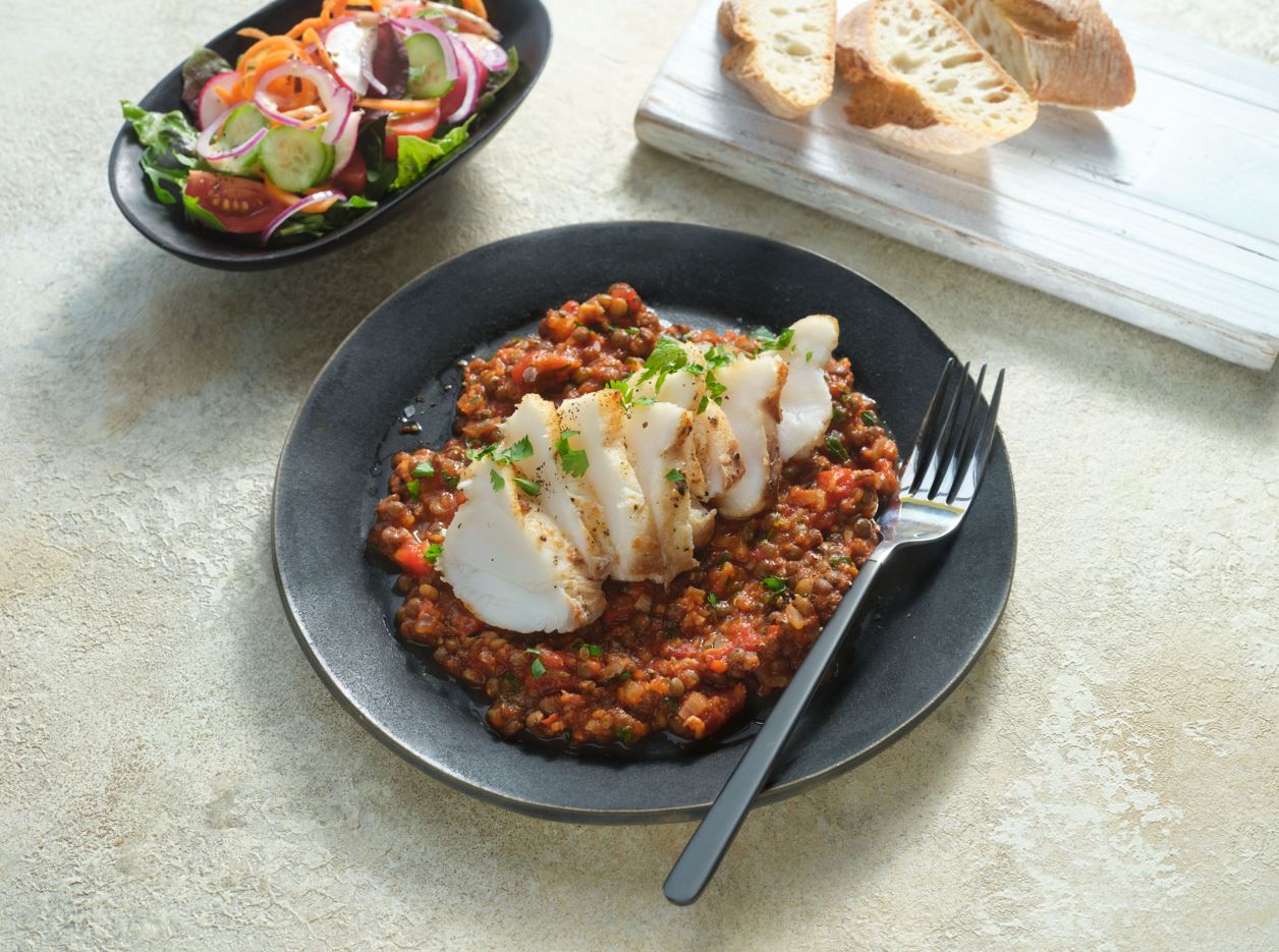 Monkfish with Puy Lentils, Tomato and Ginger Sauce 