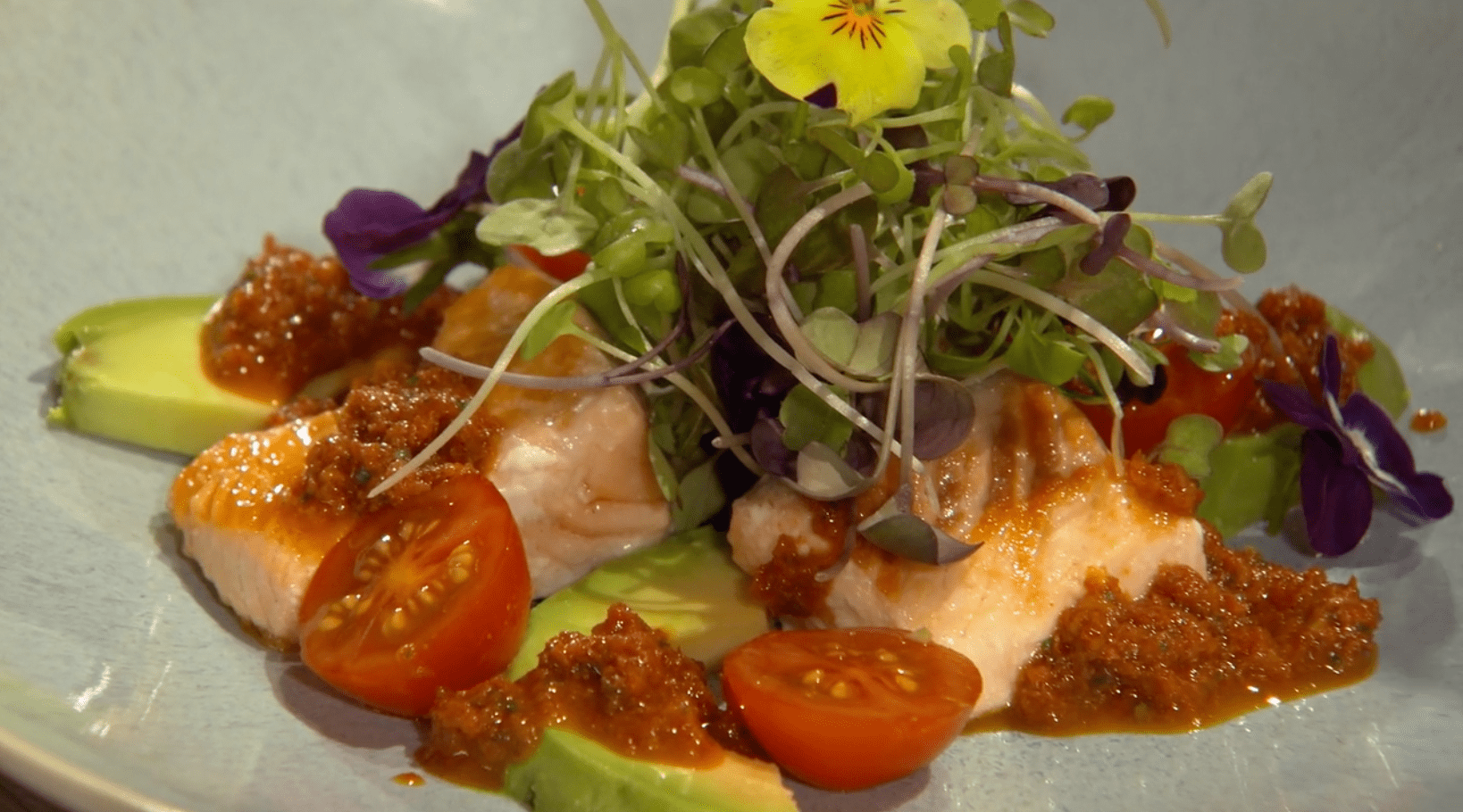 Neven's Grilled Salmon with Avocado and Sun-Dried Tomato Pesto