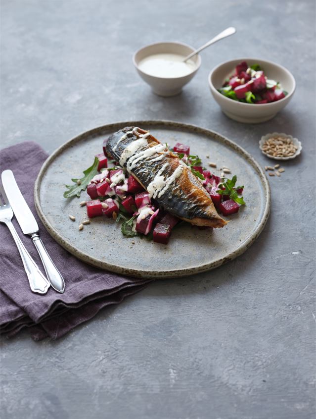 Pan Fried  Mackerel Fillets with Beetroot and Rocket Salad