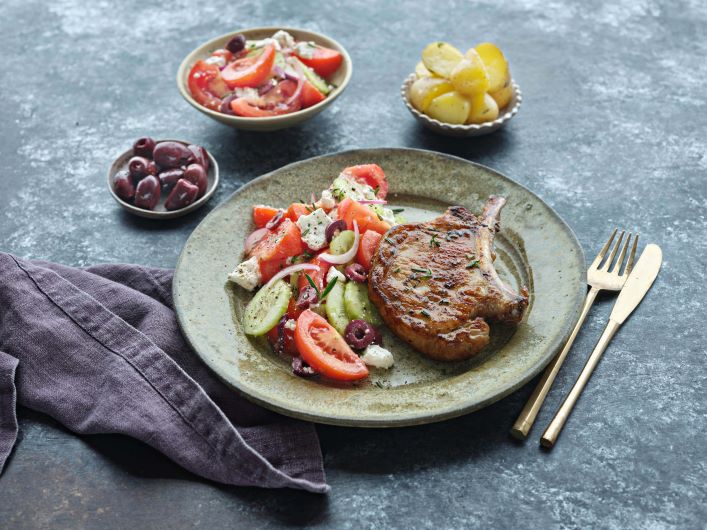Barbecued Pork Chops with Greek Salad 