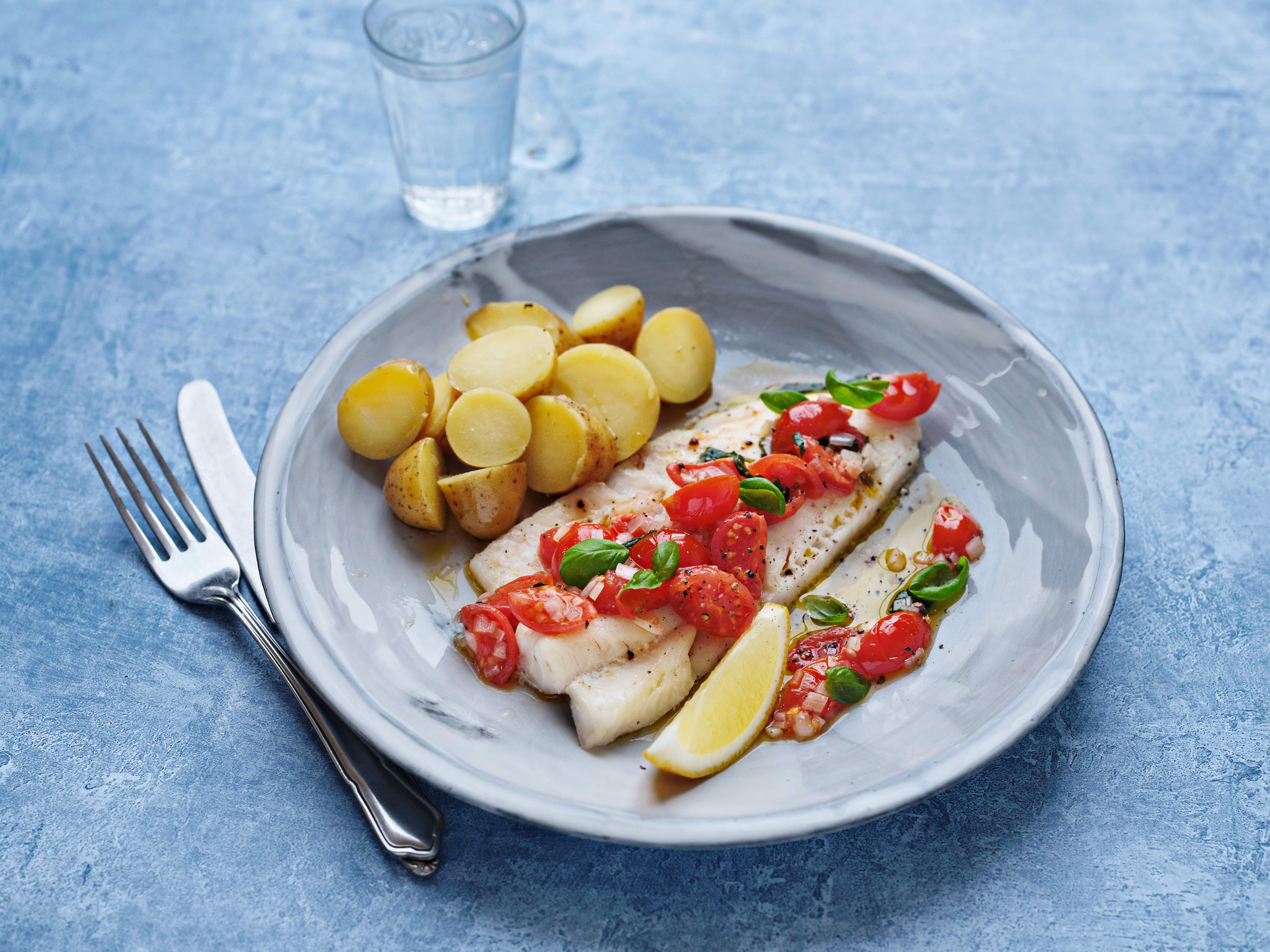 Grilled Whiting with Warm Cherry Tomato and Basil Dressing
