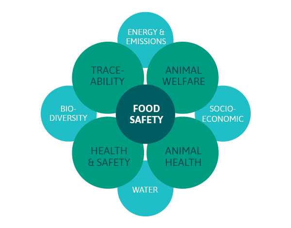 Diagram showing interconnected sustainability components: Food Safety at the centre with Traceability, Animal Welfare, Socio-Economic, Energy & Emissions, Animal Health, Health & Safety, Biodiversity, and Water around it