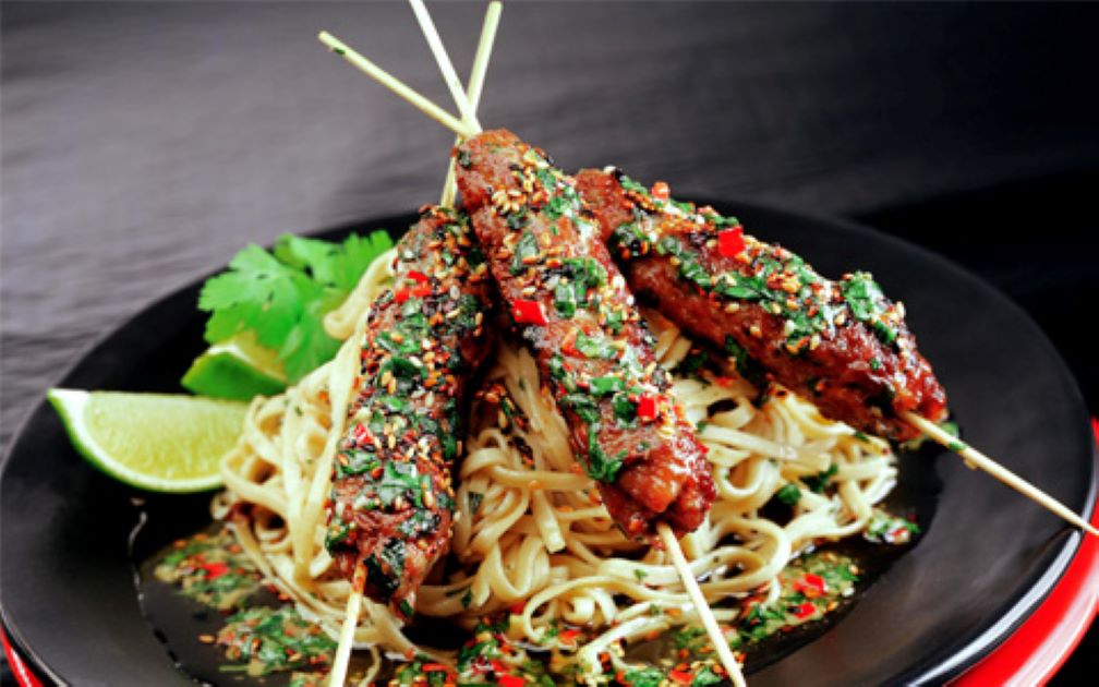 Pork Sticks with Noodle Salad