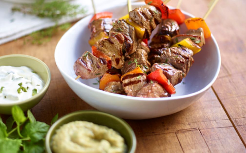Lamb Kebabs with Easy Aubergine Caviar and Yoghurt and Mint Sauce